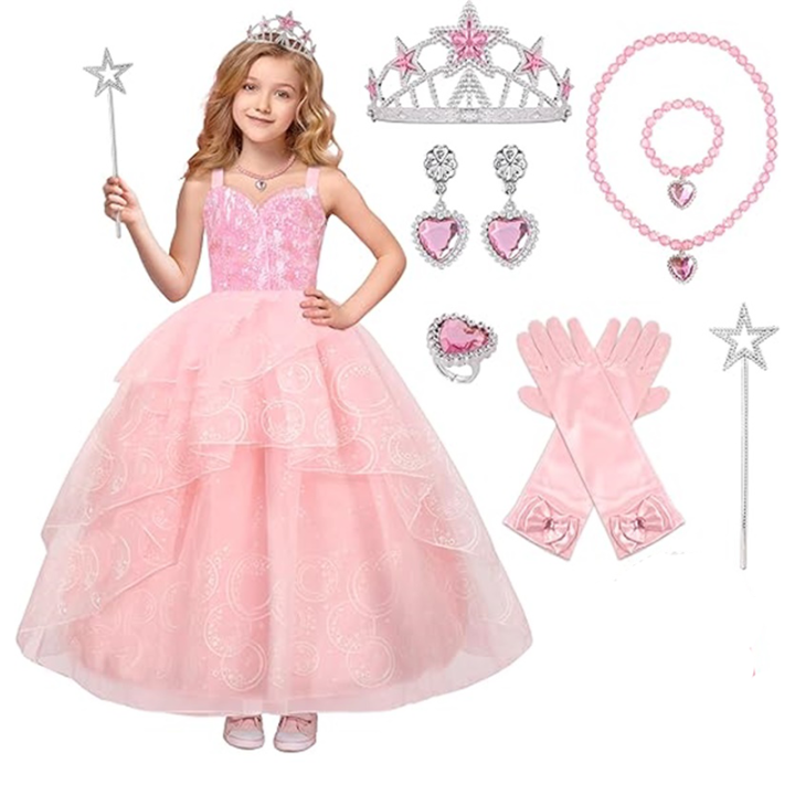 Good Witch Glinda Costume Pink Dress With Crown Magic Wand And Gloves For Wicked Girls Halloween Cosplay Birthday Prom Outfits