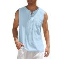 Cotton Linen Shirts Men's Casual Leeveless Vest Bandage Lace Up Blouse Retro V Neck Fashion Loose Shirt Male Solid Color Clothes. 