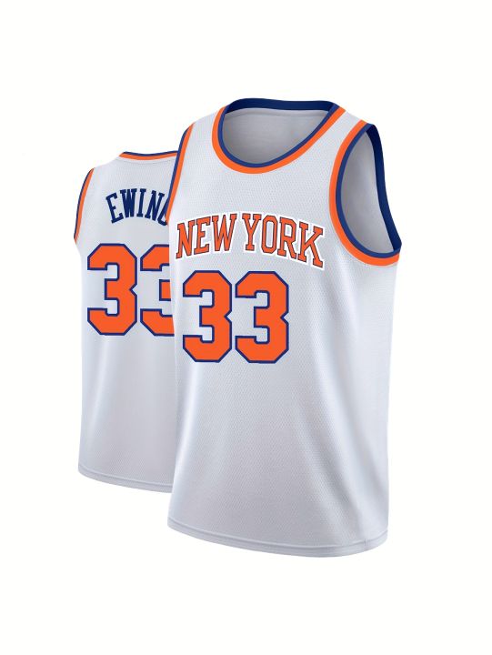 New York  "Ewing 33" Basketball Jersey - White with Orange & Blue Accents  Basketball Fan Jersey Parent-child Outfit