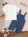 Two-Piece Set for Baby Boys: Casual and Versatile Style for Spring and Summer, Featuring a Round-Neck Short-Sleeve Top and Stylish Pocket Lion Patch Overalls.