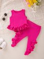 Baby Girl Spring & Summer New 2pcs Outfit Camisole Top+Pants Set Irregular Lace & Ruched Decoration Cute Casual Fashion Clothing. 