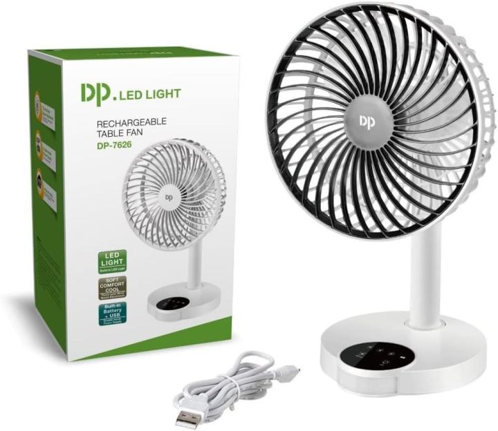 DP 7626 (RECHARGEABLE TABLE FAN) 4000mAh, With LED Night Light USB Fan