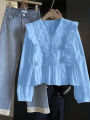 Plus Size 2025 Autumn New Arrivals Women's Casual Solid-Colour Lace-Panel Ruffled Long-Sleeved Top Fashionable and Elegant.