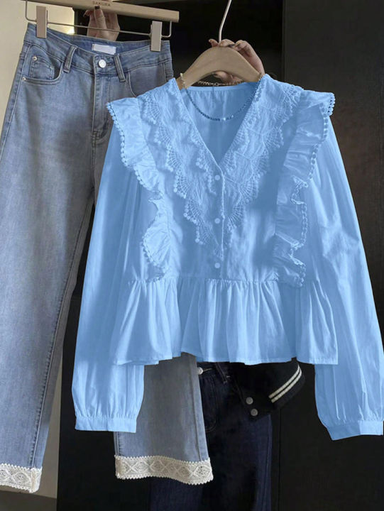 Plus Size 2025 Autumn New Arrivals Women's Casual Solid-Colour Lace-Panel Ruffled Long-Sleeved Top Fashionable and Elegant