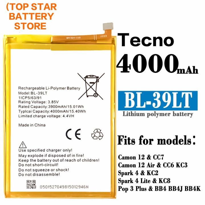 Tecno Camon 12&CC7,Camon 12 Air &KC3,
Spark 4 & KC2,
Spark 4 Lite & KC8,
Pop 3 Plus & BB4 Battery Replacement BL-39LT Battery,100 original battery comes with one week warranty,Full Mah (4000) high quality and capacity battery