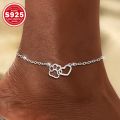 925 sterling silver women's ankle bracelet with double-layer cat claw and heart-shaped charms, Bohemian-style vacation jewelry.