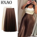HXAO Women's Pleated Skirt Summer Brown Ruffle Skirt Cylinder Pleats Mid Waist Midi Skirt Fashion Elegant Women Long Skirt 2025.