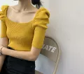 Puffy Sleeve Square Neck Knit Shirt for Women Teengirl Fitted Rib-Knit Pullover T-shirt Top Spring Summer Basic Outfit. 