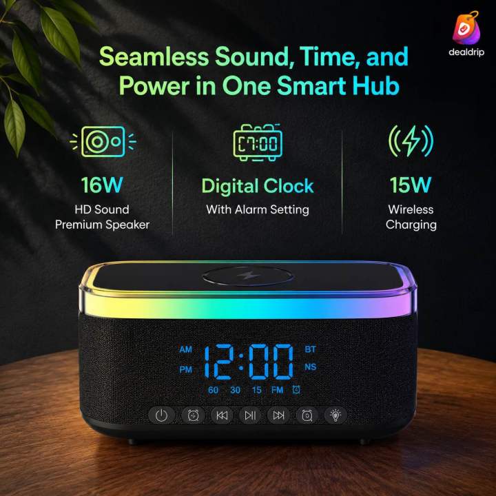 RGB Wireless Charging Bluetooth Speaker with Digital Clock & Alarm (15W)