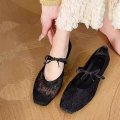 Women's lace Mary Jane shoes, stylish and comfortable street-style soft-soled flat shoes with bow design, for dates and travel..