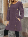 Elegant Plus Size Women's Dress Autumn Winter, Round Neck Long Sleeve Button Pocket Fashion Dress.