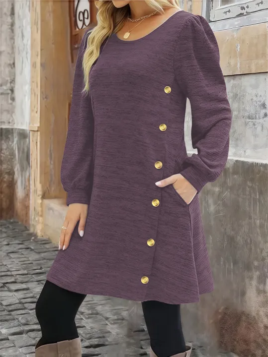 Elegant%20Plus%20Size%20Women's%20Dress%20Autumn%20Winter,%20Round%20Neck%20Long%20Sleeve%20Button%20Pocket%20Fashion%20Dress%20-%20Image%204