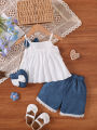 3Pcs Baby girl Lace Ruffled Camisole Top+Bow shorts+Heart mini bag Set suitable for 0-3 Year Baby girl Summer Fashion Set. 