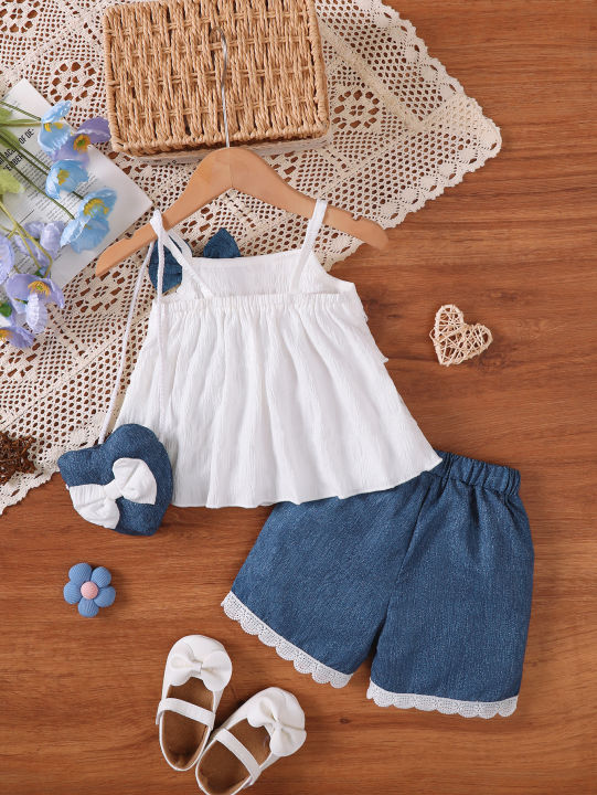 3Pcs%20Baby%20girl%20Lace%20Ruffled%20Camisole%20Top+Bow%20shorts+Heart%20mini%20bag%20Set%20suitable%20for%200-3%20Year%20Baby%20girl%20Summer%20Fashion%20Set%20-%20Image%202