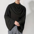 American Style New Men's Layered Design Swing Collar T Shirts Retro Streetwear Leisure Solid Long Sleeved Irregular Blouse S-2XL. 