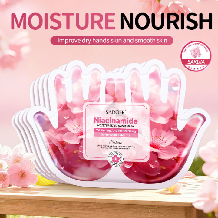 5 Pairs SADOER Sakura Niacinamide Hand Mask Moisturizing  Exfoliating Nourish Hand Care Gloves For Dry Aging Hands Skin