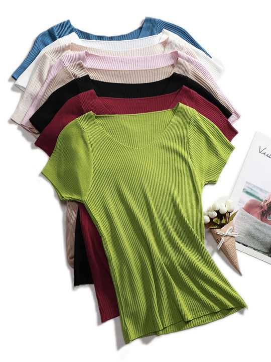 Pullover knitted Short Sleeve knitted Sweater Women Spring Summer Slim Basic Solid Casual Base Female knitting shirts 2026 Korea