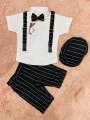 5 pcs party dress set for 6 month to 7 years kids with half sleeve shirt , half pant , cap , bow tie and suspender. 