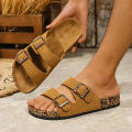 Men's Summer, Spring, and Autumn Casual Simple Buckle Cork-Patterned Adjustable Pu Upper Flat-Soled Slip-On Double-Bar Slippers for Beach and Home Outdoor Use. 