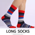 5 pairs of men's classic colored mid-calf socks with thick and thin stripe patterns. 