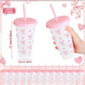 Reusable Plastic Cups With Pink Ribbons, 24 Ounces With Straws And Lids. For Parties, Drinking, Coffee, Weddings, Birthdays.