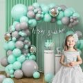 pack of 55 pcs theme set DIY pastel green & grey happy birthday decoration for girls, boys, kids, wife, husband decorations kit/metallic silver helium balloons/cursive banner/backdrop/party props items–55 pcs. 