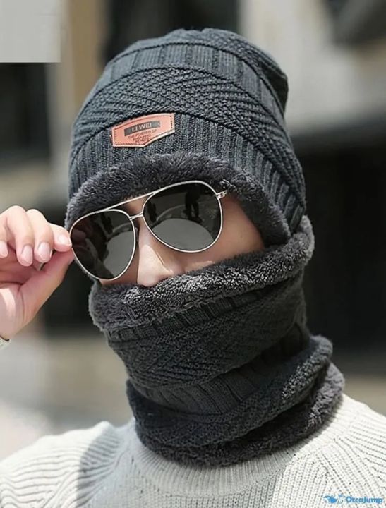 Winter Cap and neck Elastic Knitting Thick Fleece Warm Woolen Beanie Cap Sport Hat & Neck Scarf Set 2 Piece