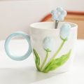 500ml 3D Tulip Pattern Ceramics Mug with Spoon Hand Carved Comfortable handle Coffee Cup Breakfast Milk oatmeal cup Girl Gift. 