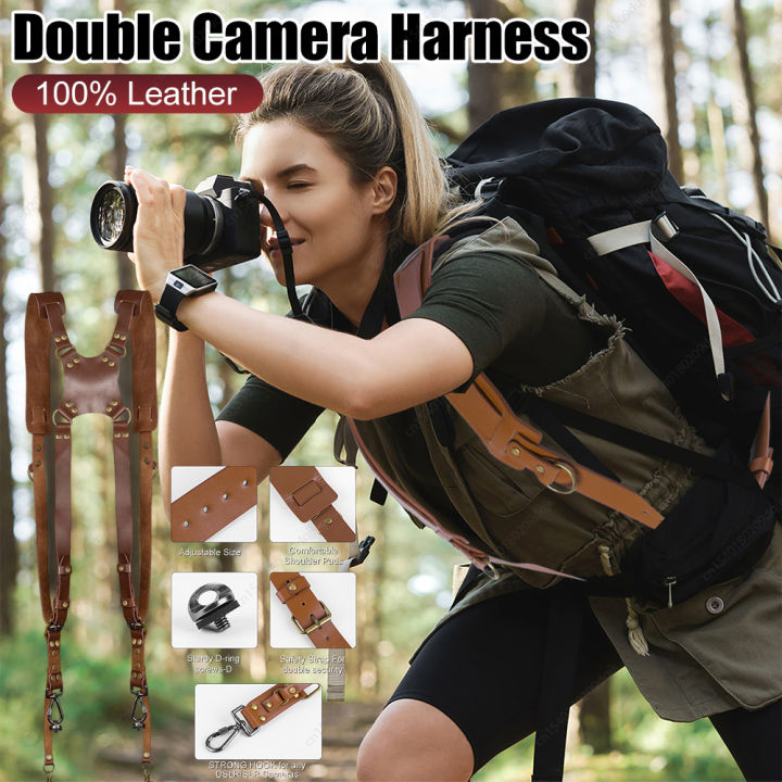 Universal Dual Camera Strap Double Camera Harness Adjustable Leather Camera Straps Universal Camera Shoulder Strap for DSLR/SLR