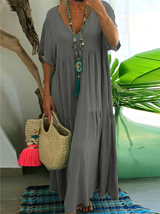 Plus%20Size%202025%20Summer%20New%20V-neck%20Short%20Sleeve%20Pleated%20Solid%20Colour%20Loose%20Casual%20Midi%20Dress%20Basic%20Hem%20Pleated%20-%20Image%207