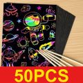 50 pcs Scratch Paper Kids Rainbow Magic Scratch Off Paper Sheets Art Craft Kit Black Note Paper Drawing Pads with Stencils. 