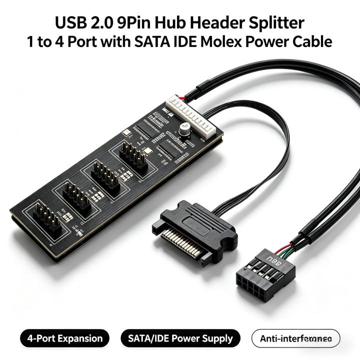 9Pin USB Header Male 1 to 4 Female Extension Cable USB 2.0 Splitter Cable Connector for Motherboard, Adapter for CPU, WiFi