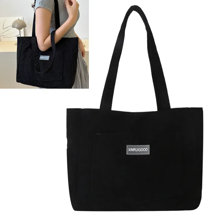 Women Corduroy Tote Bag with Pockets Compartments Large Capacity Shoulder Bags Casual Shopping Bag Handbags for School Work