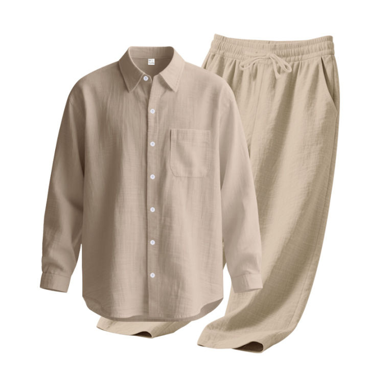 Men's%20Autumn%20Loose%20Trend%20Linen%20Solid%20Color%20Simple%20Lapel%20Long-Sleeved%20Shirt%20Beach%20Trousers%20Set%20-%20Image%206