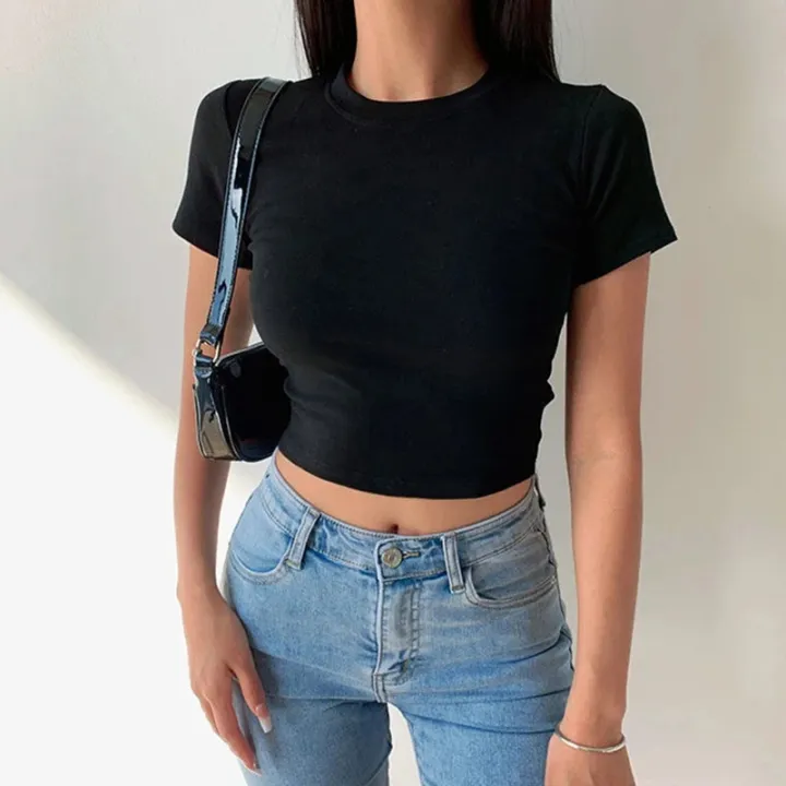 Short%20Sleeve%20T-Shirt%20Women%20Solid%20Simple%20Casual%20Soft%20All-Match%20Basic%20Crop%20Tops%20Tees%20Summer%20Fashion%20Skinny%20Tops%20Black%20White%20-%20Image%203