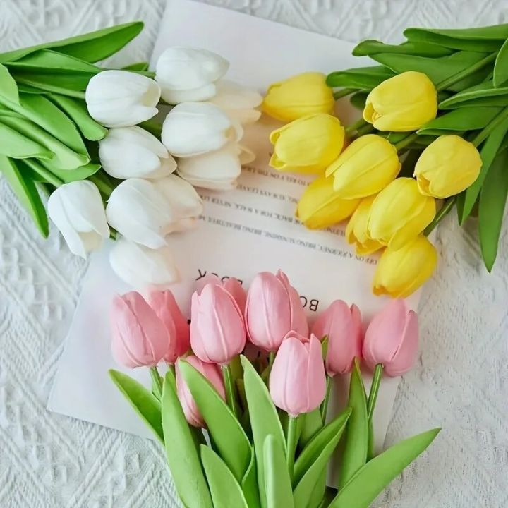 5pcs Artificial Tulips Flowers, Real Touch Tulips Fake Tulip Bouquet