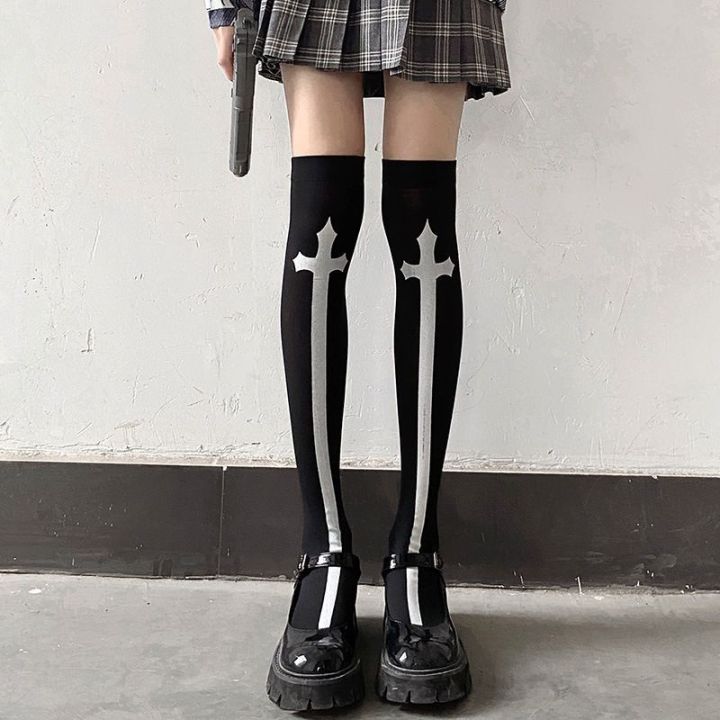 Japanese%20Harajuku%20Long%20Socks%20Festival%20Party%20Cross%20Cosplay%20Black%20Stockings%20Dark%20Gothic%20Y2K%20Knee%20Thigh%20Socks%20for%20Women's%20Skirts%20-%20Image%202