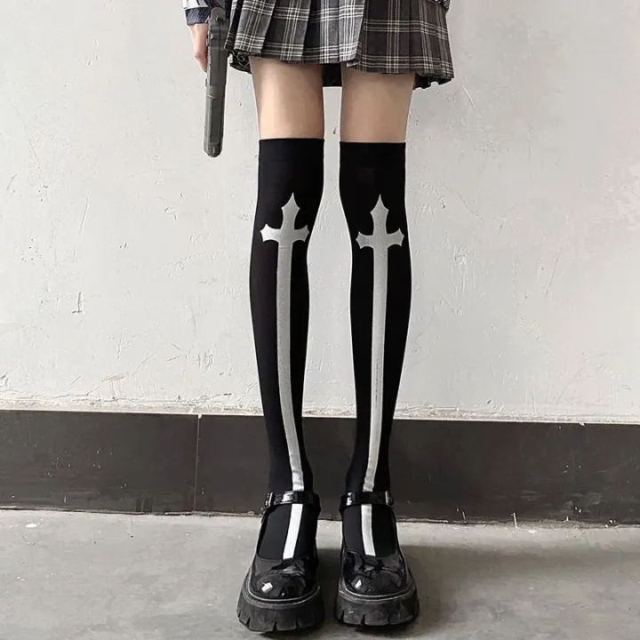 Japanese%20Harajuku%20Long%20Socks%20Festival%20Party%20Cross%20Cosplay%20Black%20Stockings%20Dark%20Gothic%20Y2K%20Knee%20Thigh%20Socks%20for%20Women's%20Skirts%20-%20Image%202