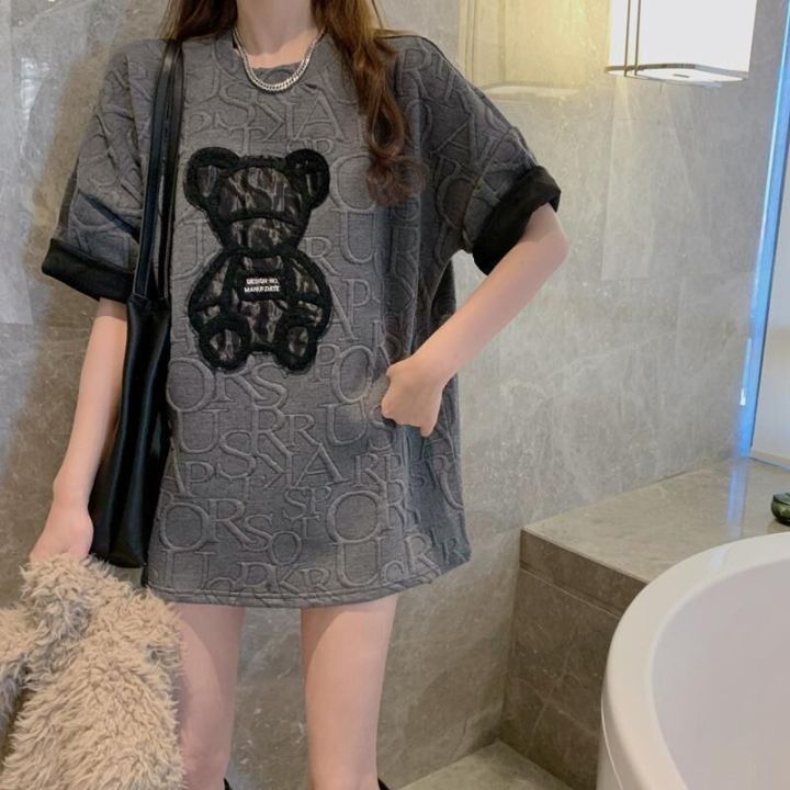 Women's%20T-shirts%20Harajuku%20Girls%20Plus%20Size%20Tops%20Letter%20Jacquard%20O-neck%20Short%20Sleeves%20Loose%20Summer%20Tshirt%20Bear%20White%20Tees%20M-2XL%20-%20Image%203