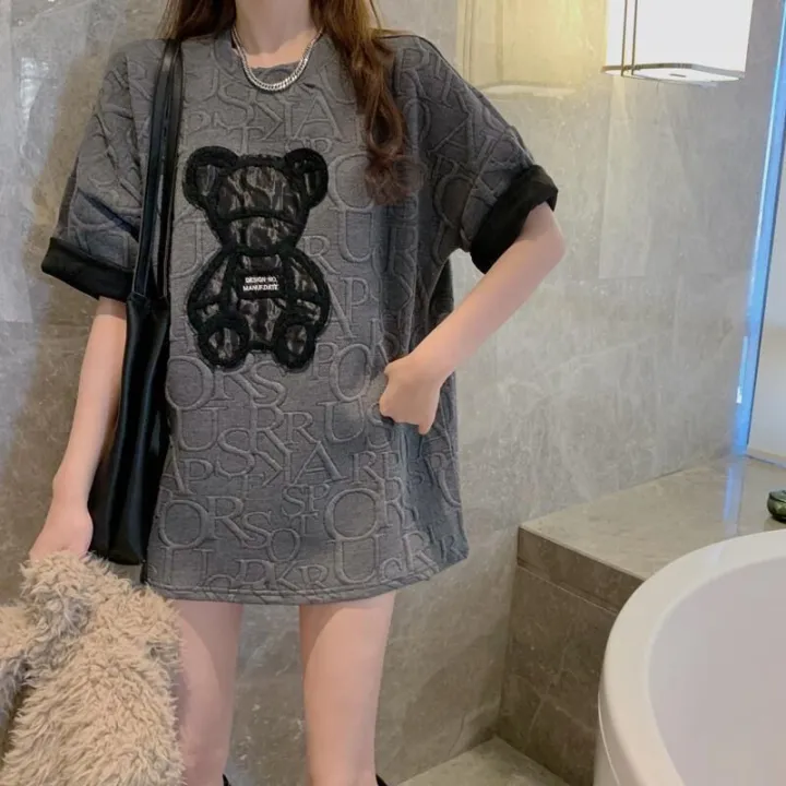 Women's%20T-shirts%20Harajuku%20Girls%20Plus%20Size%20Tops%20Letter%20Jacquard%20O-neck%20Short%20Sleeves%20Loose%20Summer%20Tshirt%20Bear%20White%20Tees%20M-2XL%20-%20Image%203