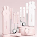 WORTHBUY 3/4PCS Cute Portable Dinnerware Set Reusable 304 Stainless Steel Fork Spoon Chopsticks With Box Cutlery For Kid Student.
