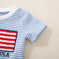 Summer Unisex Infant Independence Day Big Flag Embroidered Waffle Short Sleeve Top and Waffle Shorts Two-piece Set.