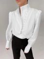 2025  New Chinese Style Shirt Top Solid Color Stand Collar Long Sleeve Loose Fit T-shirt Commuter Female Buttoned Blouse. 