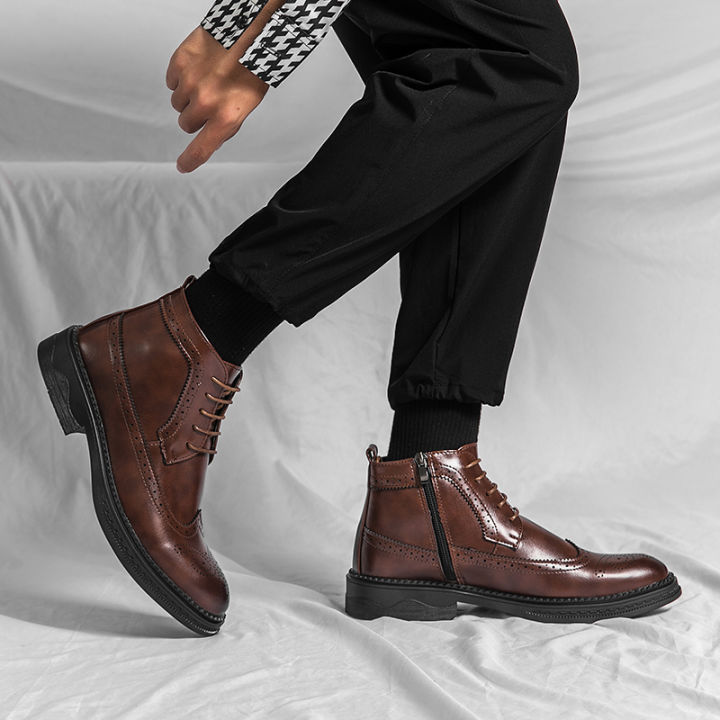 Men%20Block%20Heel%20Lace-up%20And%20Side%20Zipper%20Design%20Brogue%20%20Boots%20-%20Image%204