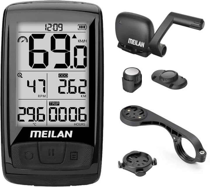 MEILAN M4 Wireless Bike Computer, ANT+ BLE4.0 Bicycle Speedometer and Odometer with Cadence/Speed Sensor, Waterproof Cycling Computer with 2.5 inch LCD Backlight Display for Indoor/Outdoor Cycling.