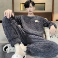 Autumn and Winter New Men's Coral Fleece Thermal Underwear Pajamas Homewear Suit Teenagers Thickened Facecloth Pajamas Homewear. 