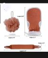 3Pcs Shower Bath Accessories Set – Body Loofah Scrubber, Long Handle Back Scrubber & Exfoliating Glove. 