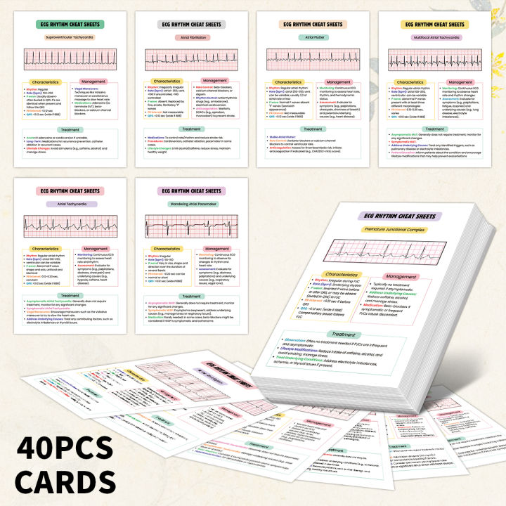 40pcs Ecg Rhythm Cheat Sheets Flash Cards,Comprehensive Cardiac Guide ...