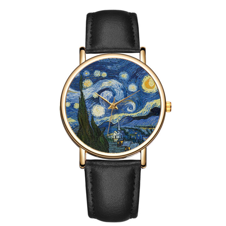 Fashion Oil Painting Watches Women Simple Arabic Numerals Quartz Wristwatch for Women Leather Band Casual Ladies Clock 