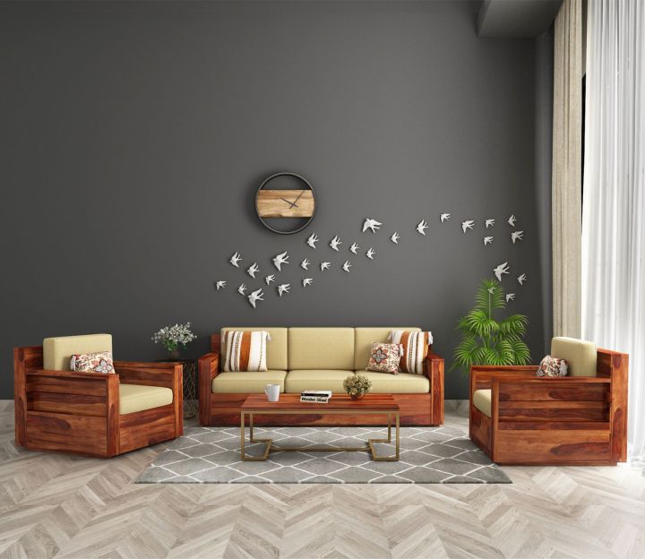 Marriott Wooden Sofa Set in 3+2+1 Seating (Honey Finish, Irish Cream)